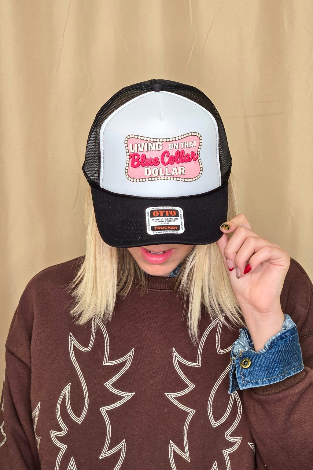 "Living on That Blue Collar Dollar" Trucker Hat — Otto 5-Panel Foam Front with Breathable Mesh Back