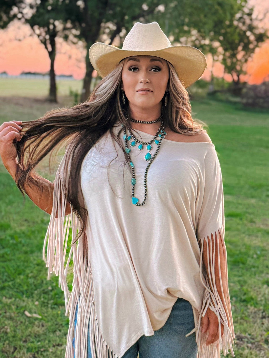 Western Long Faux Turquoise Nugget & Sterling Pearl Statement Necklace — 48 Inch