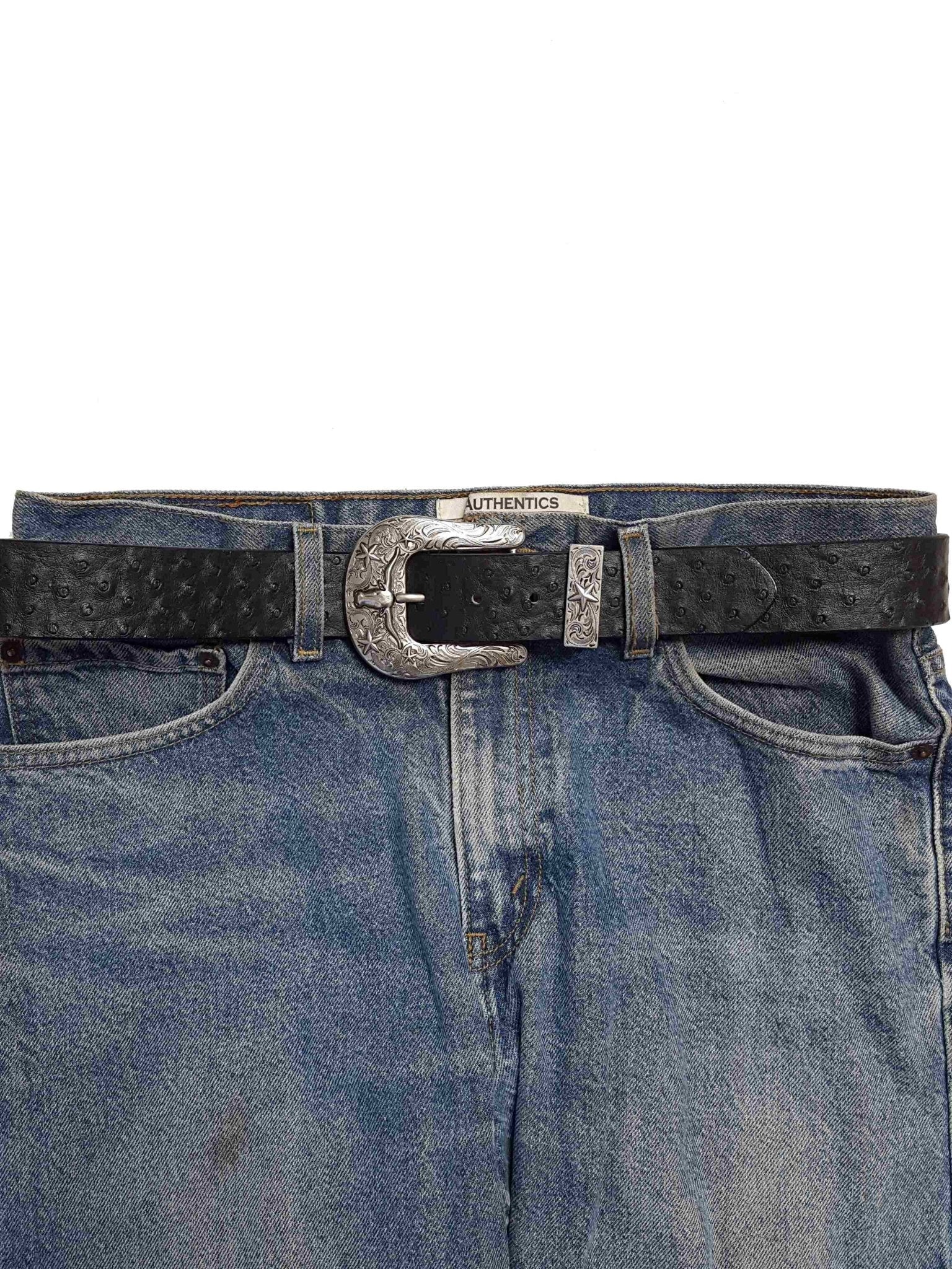 Western Longhorn Buckle Set with Ostrich Print Belt — Texas Star Detail