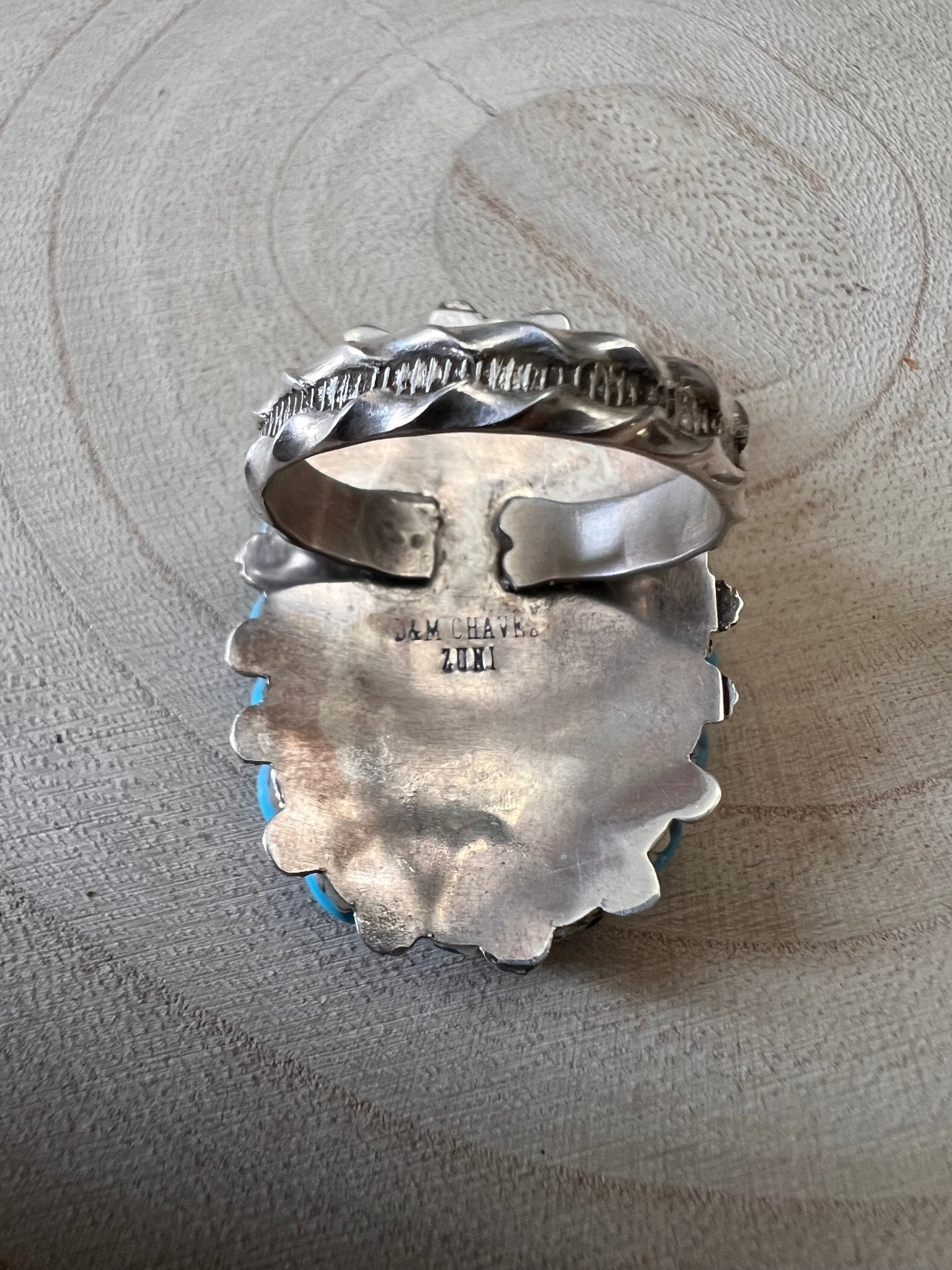 Merlinda Chavez Zuni Sterling Silver Statement Ring with Turquoise — Size 9 (Hallmark "D&M Chavez, Zuni")
