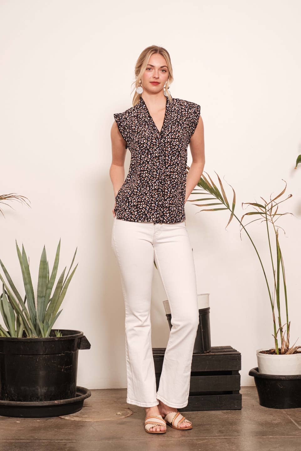 LIME N CHILI Dot Print Sleeveless Button-Down Western Blouse — V-Neckline with Ruffle Trim