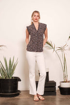 LIME N CHILI Dot Print Sleeveless Button-Down Western Blouse — V-Neckline with Ruffle Trim