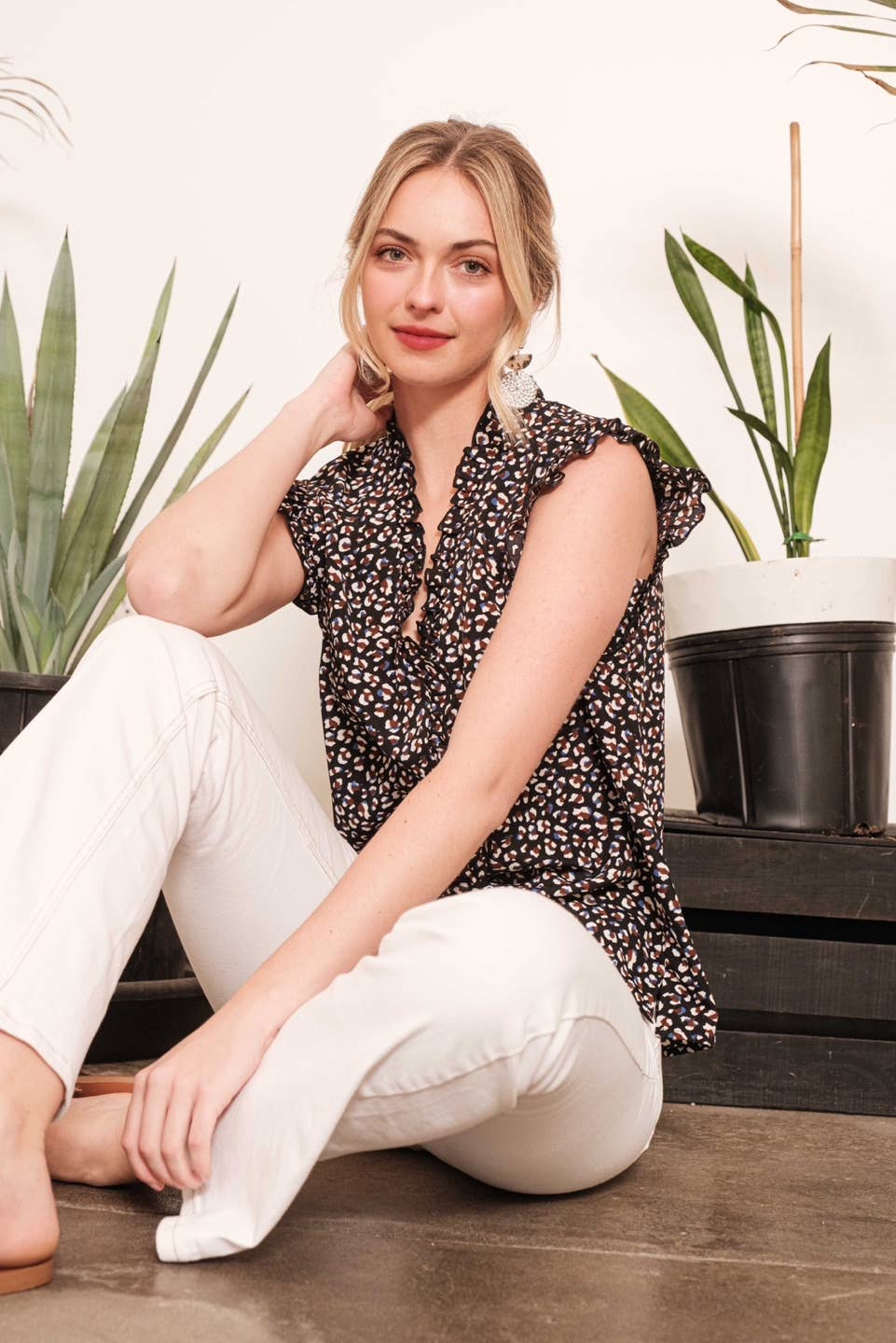 LIME N CHILI Dot Print Sleeveless Button-Down Western Blouse — V-Neckline with Ruffle Trim