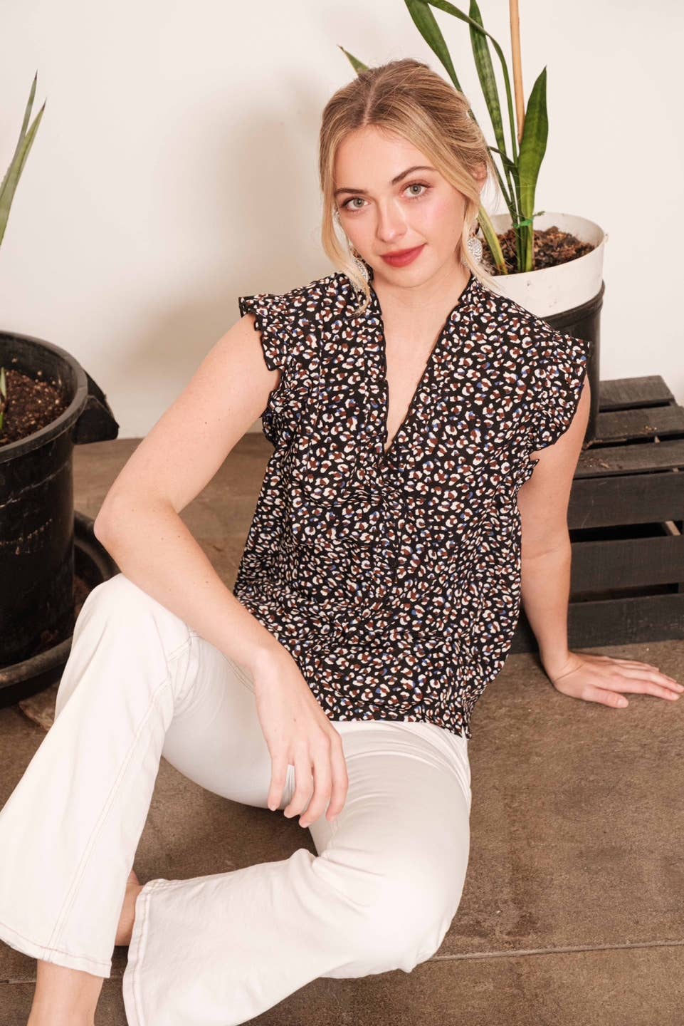 LIME N CHILI Dot Print Sleeveless Button-Down Western Blouse — V-Neckline with Ruffle Trim