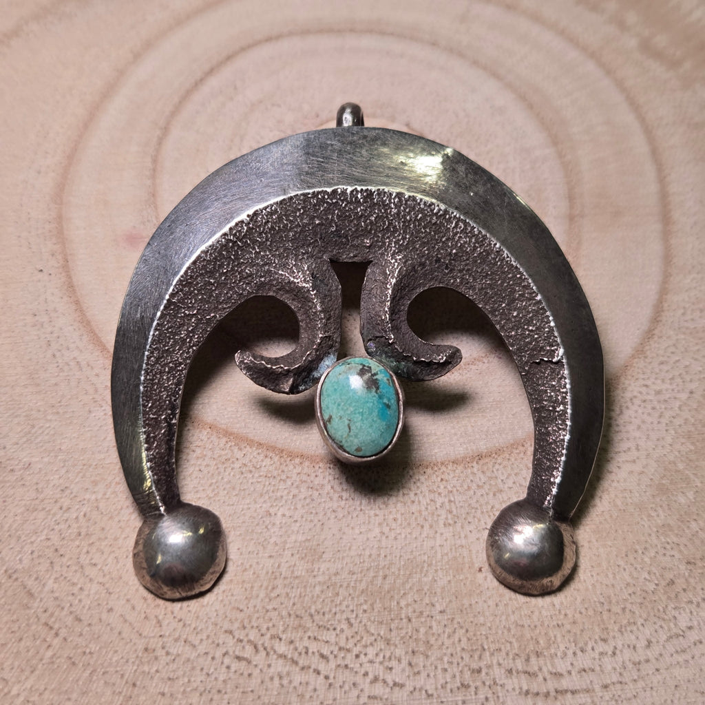 Vintage Native American Handcrafted Sandcast Sterling Silver Naja Pendant with Turquoise (Heirloom)