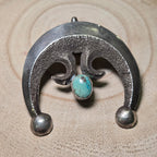Vintage Native American Handcrafted Sandcast Sterling Silver Naja Pendant with Turquoise (Heirloom)