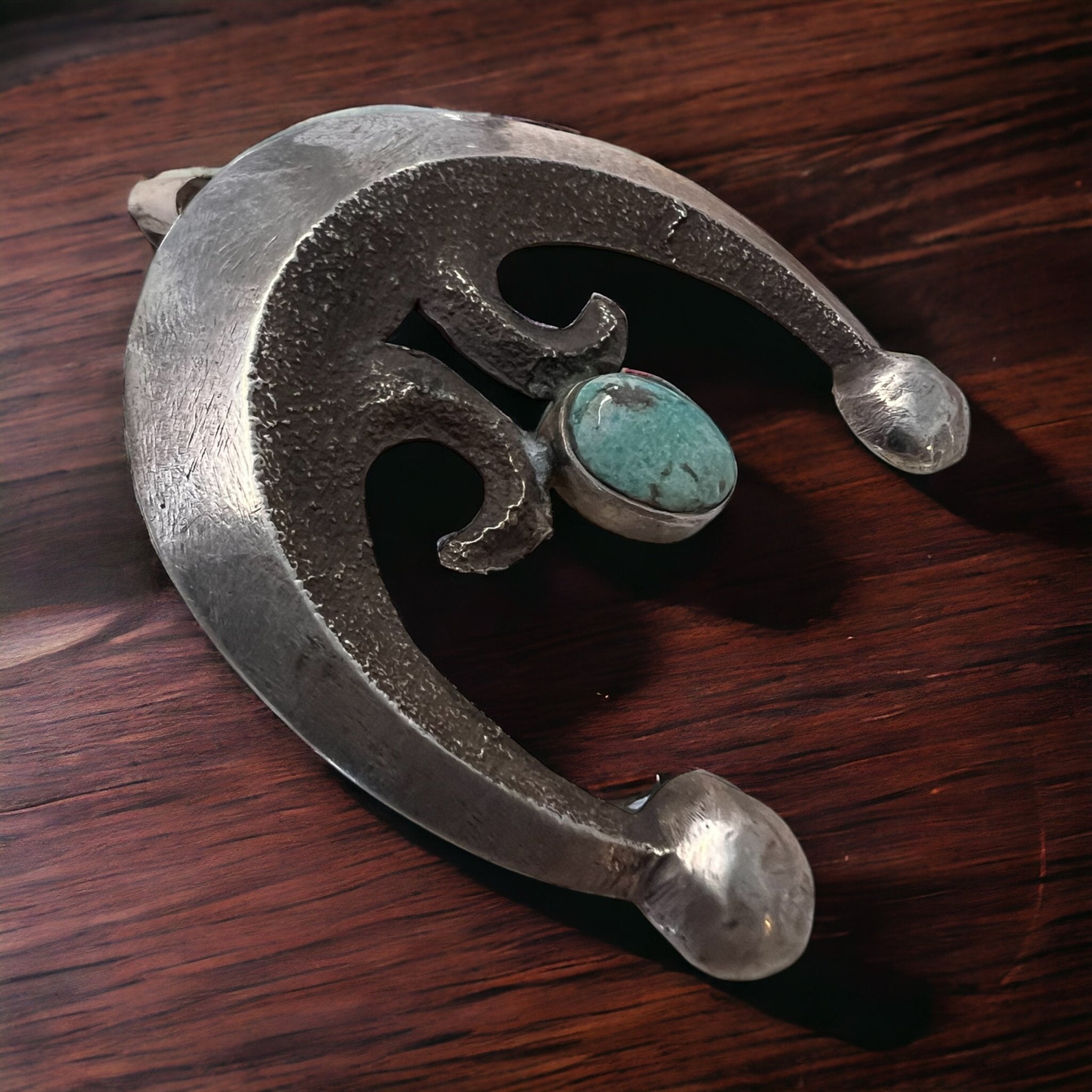 Vintage Native American Handcrafted Sandcast Sterling Silver Naja Pendant with Turquoise (Heirloom)