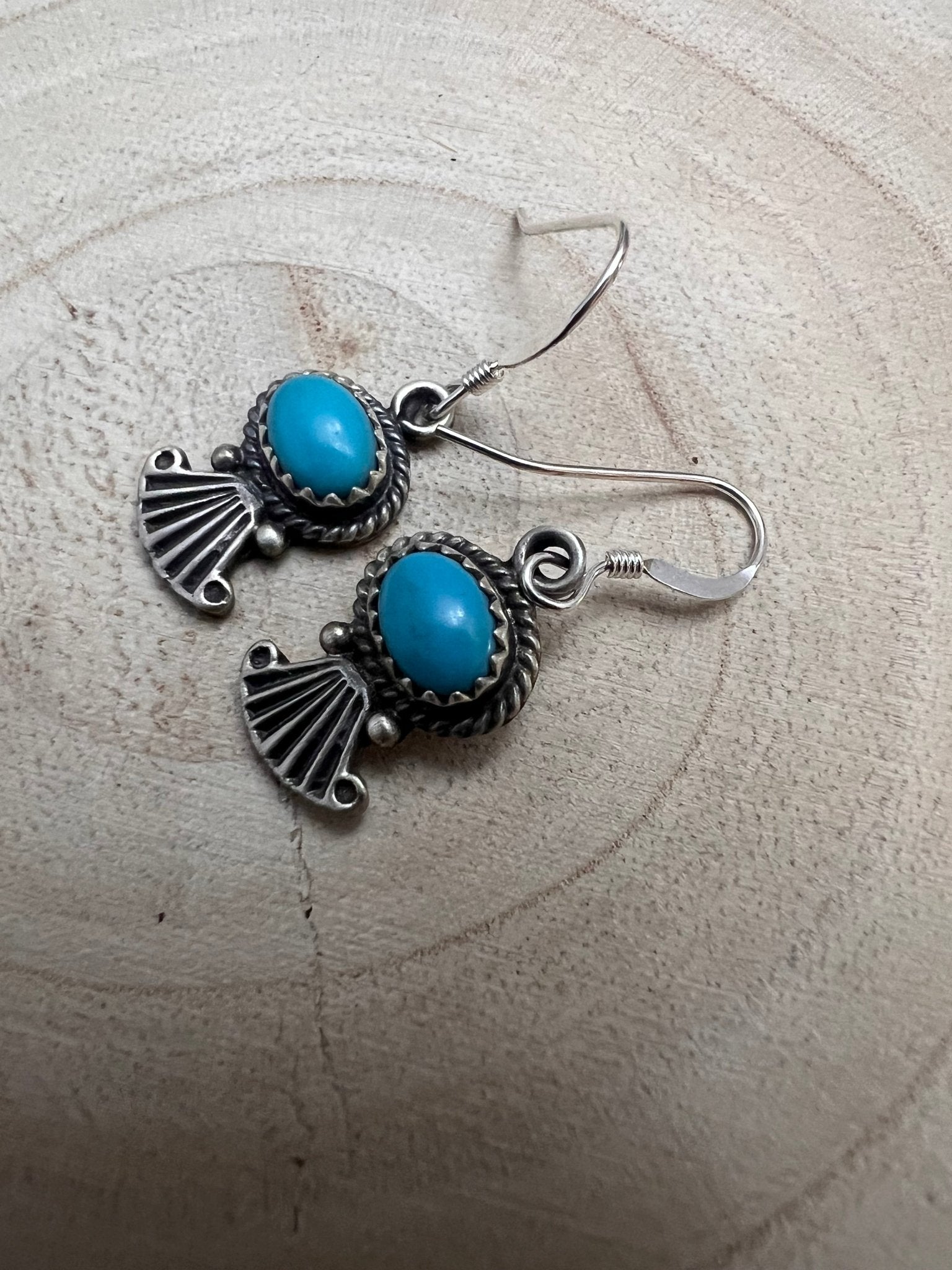 Sharon McCarthy Navajo Hand-Stamped Kingman Turquoise Sterling Drop Earrings — 1/2"