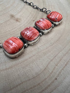 Tia Long Navajo Handmade Sterling Silver Spiny Oyster Necklace — 18" (4 Cabochons, Sterling Stamped)