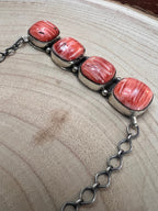 Tia Long Navajo Handmade Sterling Silver Spiny Oyster Necklace — 18" (4 Cabochons, Sterling Stamped)