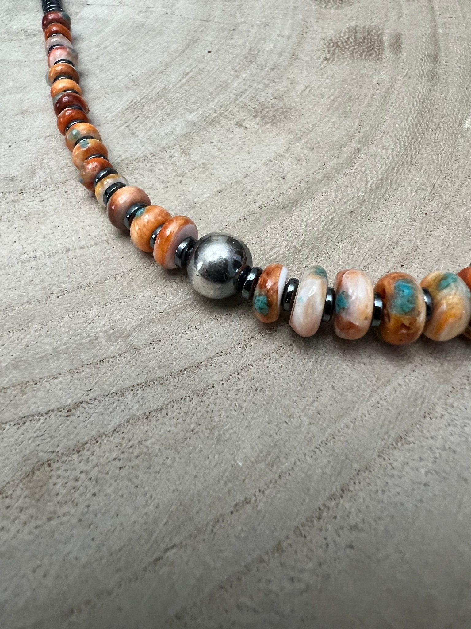 Orange & Turquoise Graduated Necklace with Sterling Silver Pearl Accents — 22 inch