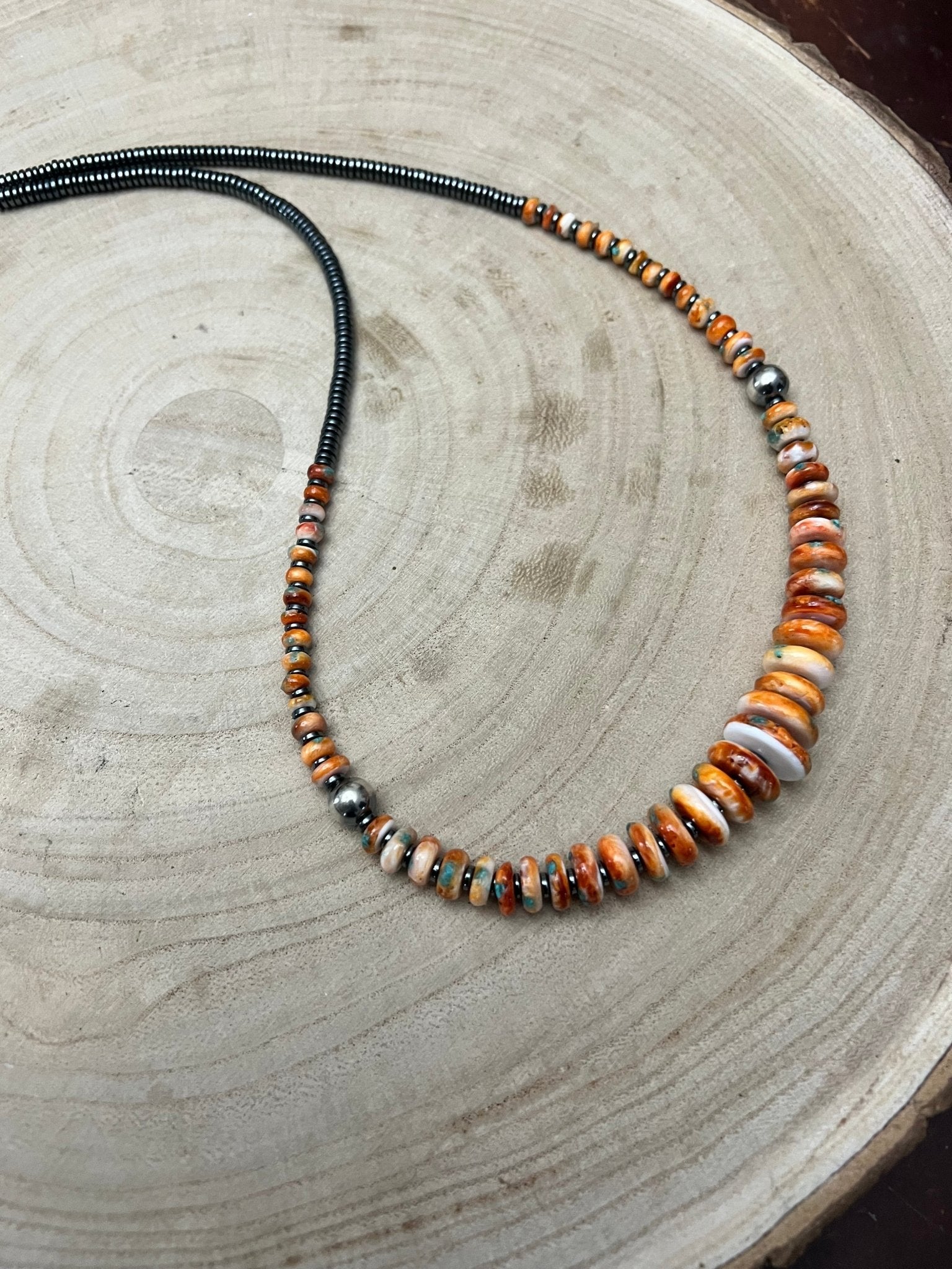Orange & Turquoise Graduated Necklace with Sterling Silver Pearl Accents — 22 inch