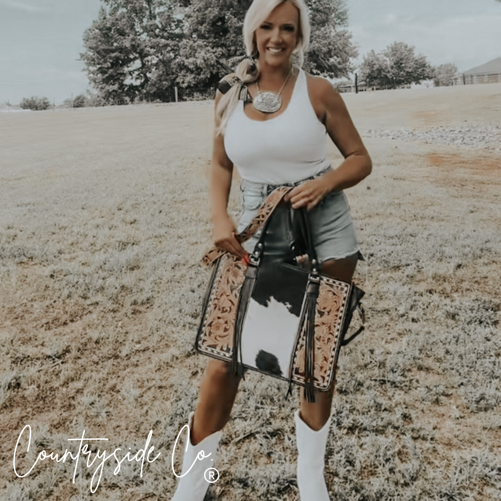 Panhandle Tooled Leather Cowhide Conceal Carry Tote, Computer Bag