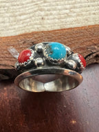 Paul Largo Navajo Turquoise & Coral Sterling Silver Ring — Size 9
