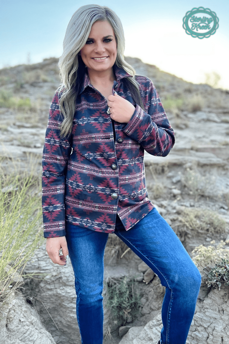 Sterling Kreek "Rebel" Aztec Print Western Jacket — Striking Red & Black Aztec with Buffalo Buttons