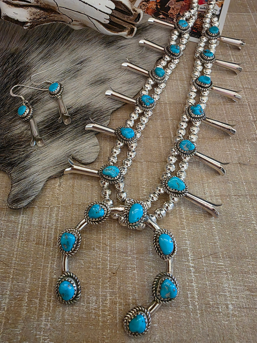 RITA DAWES SLEEPING BEAUTY TURQUOISE SQUASH BLOSSOM NECKLACE SET