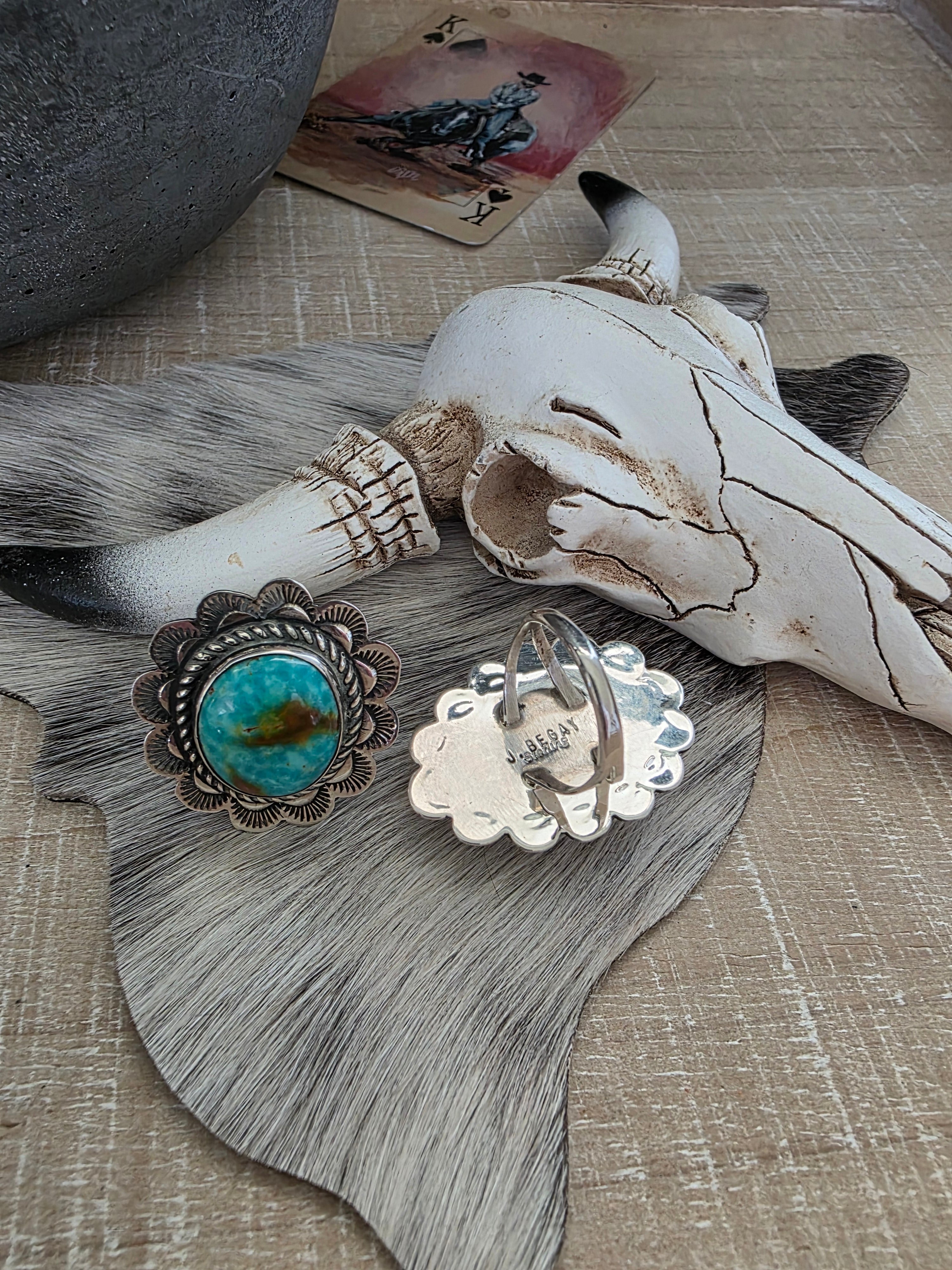 JUNIOR BEGAY SCALLOPED BORDER TURQUOISE RING