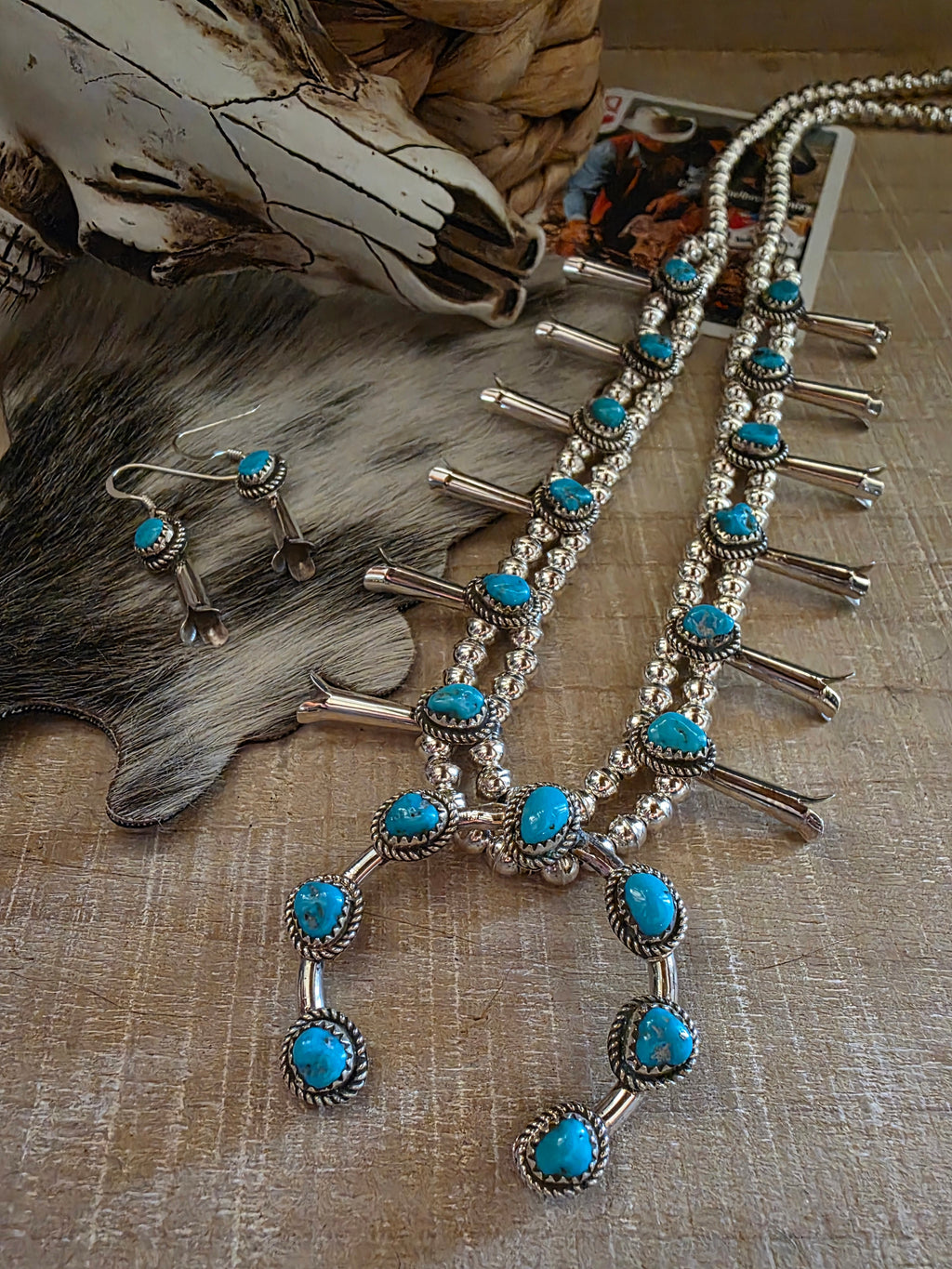 RITA DAWES SLEEPING BEAUTY TURQUOISE SQUASH BLOSSOM NECKLACE SET