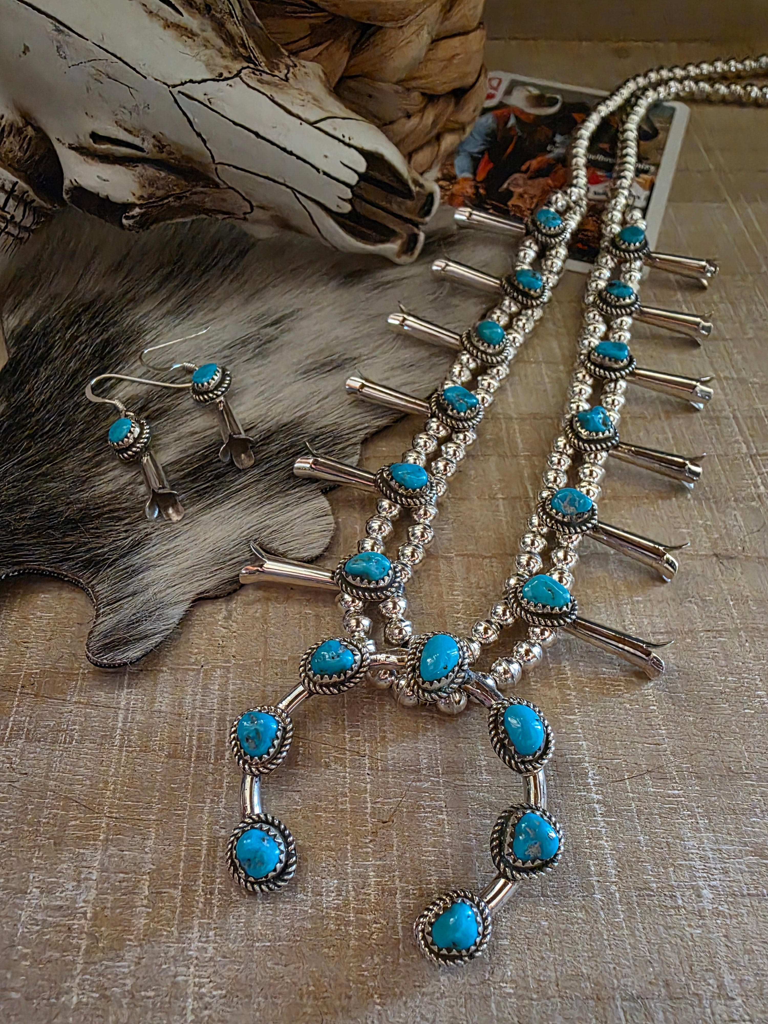 RITA DAWES SLEEPING BEAUTY TURQUOISE SQUASH BLOSSOM NECKLACE SET