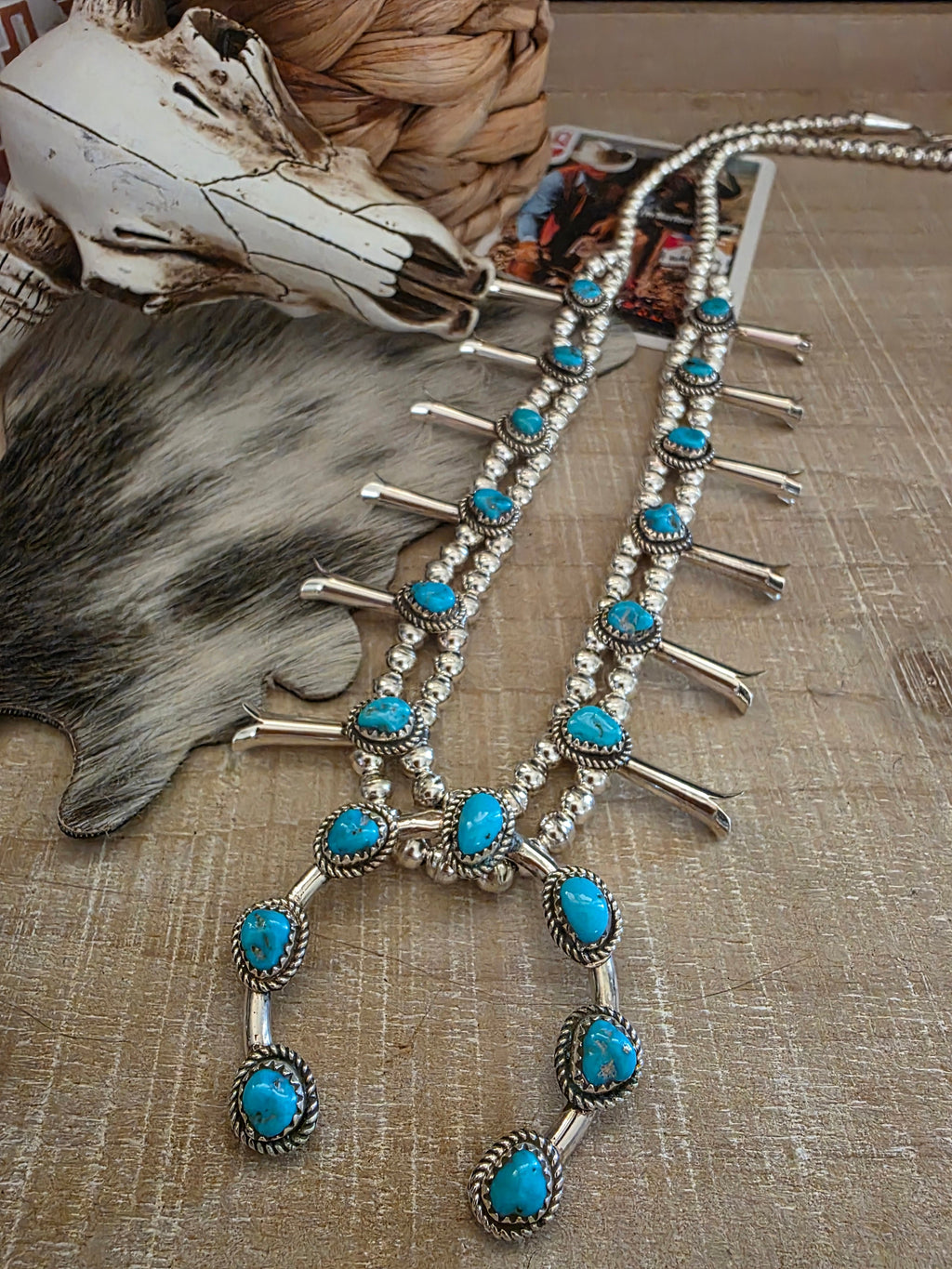 RITA DAWES SLEEPING BEAUTY TURQUOISE SQUASH BLOSSOM NECKLACE SET