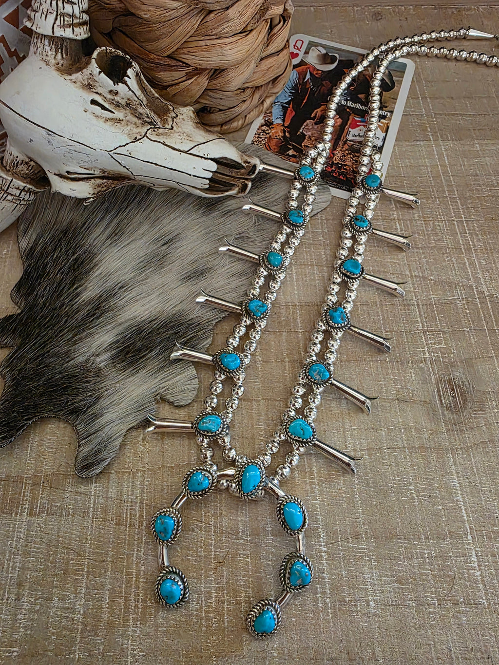 RITA DAWES SLEEPING BEAUTY TURQUOISE SQUASH BLOSSOM NECKLACE SET