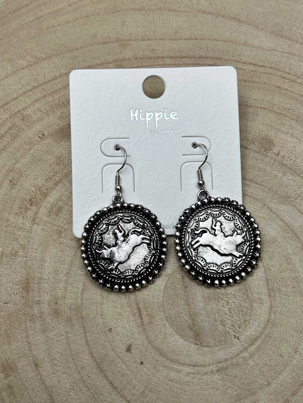 Western Rodeo Cowboy Pendant Earrings — Oxidized Silver Western Statement