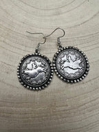 Western Rodeo Cowboy Pendant Earrings — Oxidized Silver Western Statement