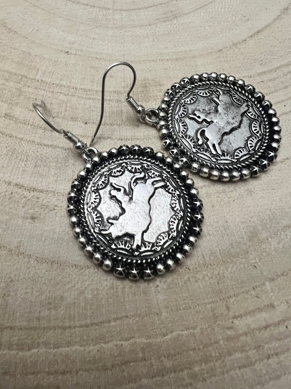 Western Rodeo Cowboy Pendant Earrings — Oxidized Silver Western Statement