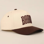 "RODEO" Two-Tone Embroidered Trucker Hat — Wine Red Cotton Canvas with Raised Lettering & 5-Panel Structure