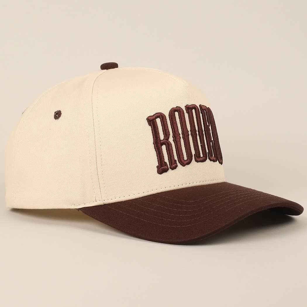 "RODEO" Two-Tone Embroidered Trucker Hat — Wine Red Cotton Canvas with Raised Lettering & 5-Panel Structure