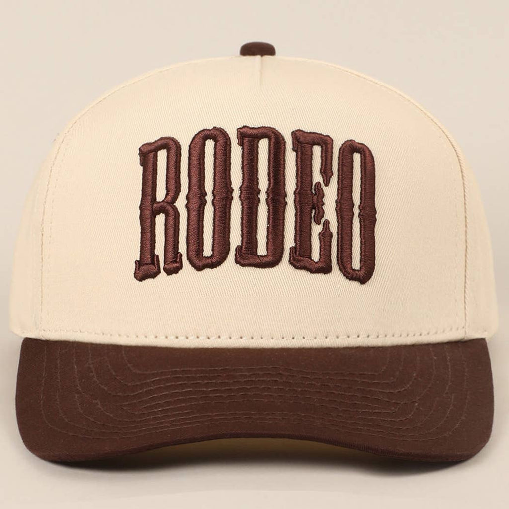 "RODEO" Two-Tone Embroidered Trucker Hat — Wine Red Cotton Canvas with Raised Lettering & 5-Panel Structure