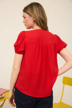 Blu Pepper "Scarlette" Red Eyelet Puff Sleeve Western Top — Split Neckline with Embroidered Eyelet Detail