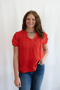Blu Pepper "Scarlette" Red Eyelet Puff Sleeve Western Top — Split Neckline with Embroidered Eyelet Detail