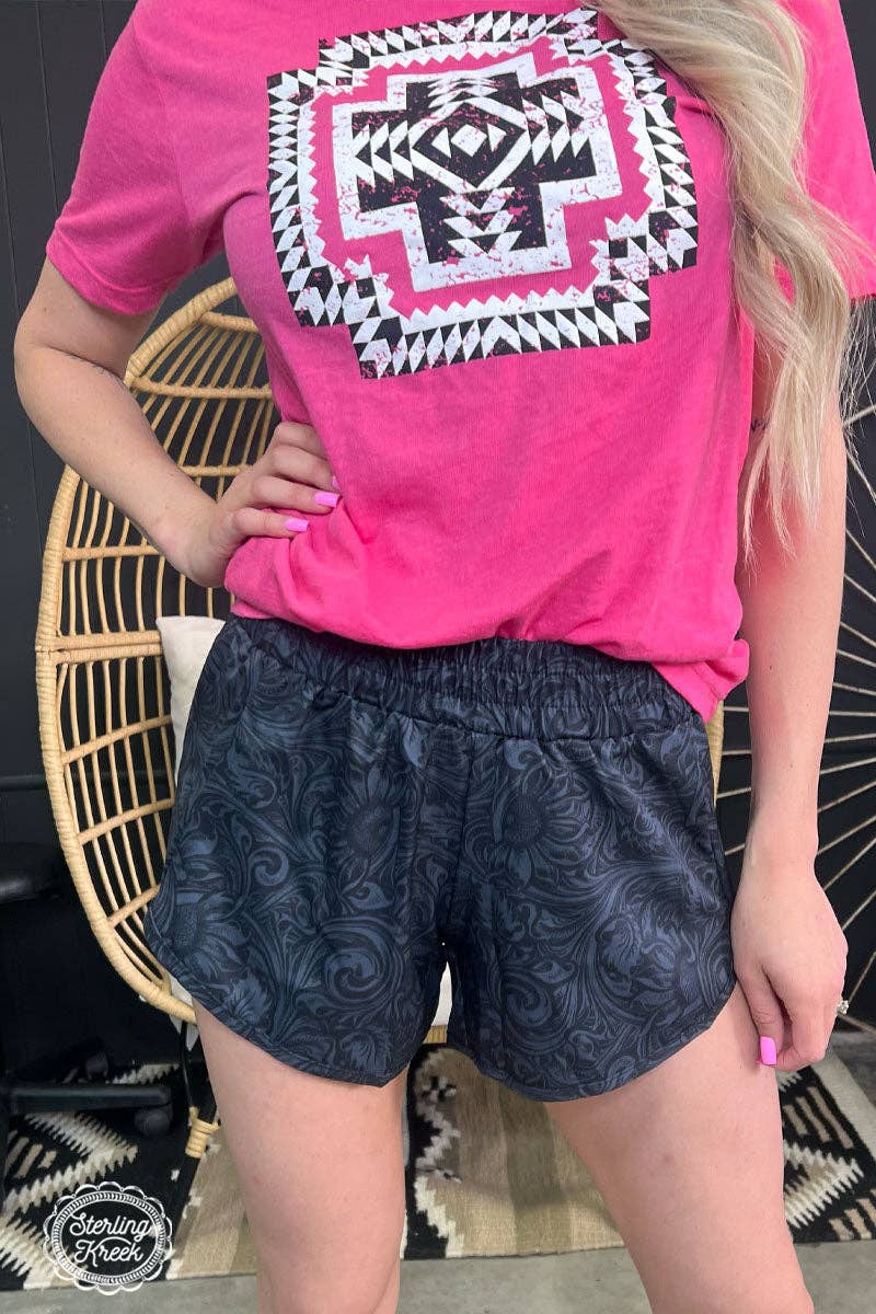 Sterling Kreek "Sheridan" Tooled Print Western Shorts — Midnight Black with Statement Tooled Detailing (small and XL remaining)