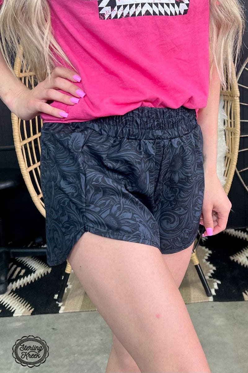 Sterling Kreek "Sheridan" Tooled Print Western Shorts — Midnight Black with Statement Tooled Detailing (small and XL remaining)