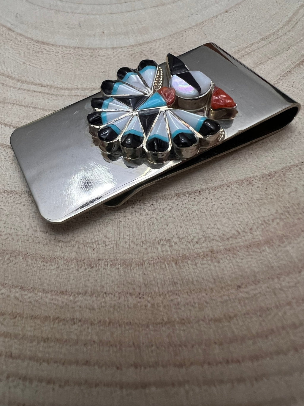 Sherry Nez Zuni Multi-Stone Inlay Money Clip — Sterling Silver & Stainless