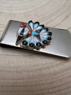 Sherry Nez Zuni Multi-Stone Inlay Money Clip — Sterling Silver & Stainless