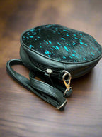 Western Small Canteen Crossbody Bag — Black & Turquoise Metallic Cowhide (9" Round)