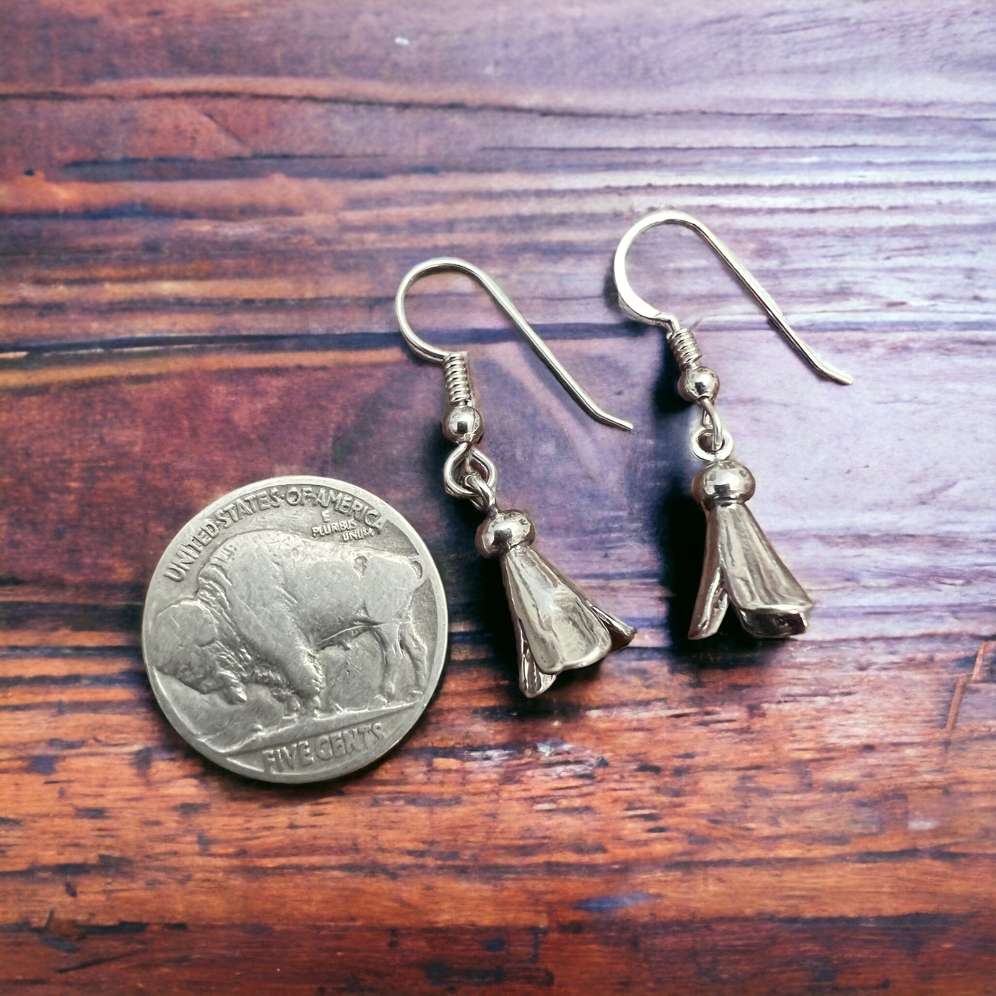 Small Sterling Silver Squash Blossom Dangle Earrings — 9×16mm (Native-Style)