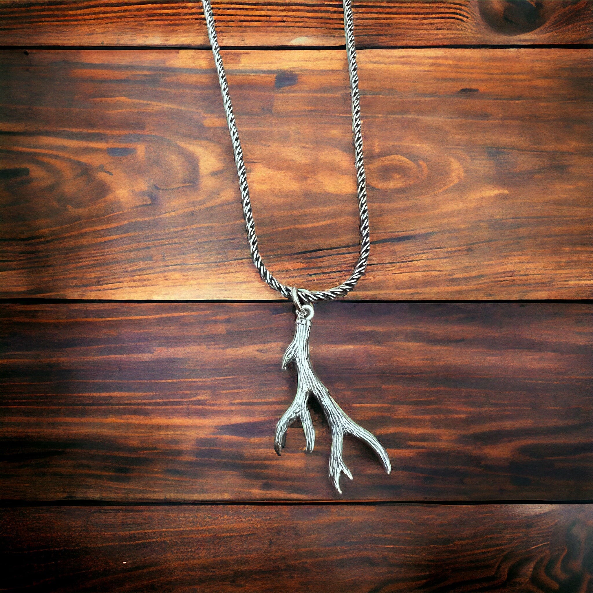 Sterling Silver Antler Charm/Pendant — Realistic Both-Side Design with Oxidized Texture & Jump Ring
