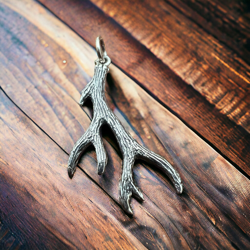 Sterling Silver Antler Charm/Pendant — Realistic Both-Side Design with Oxidized Texture & Jump Ring