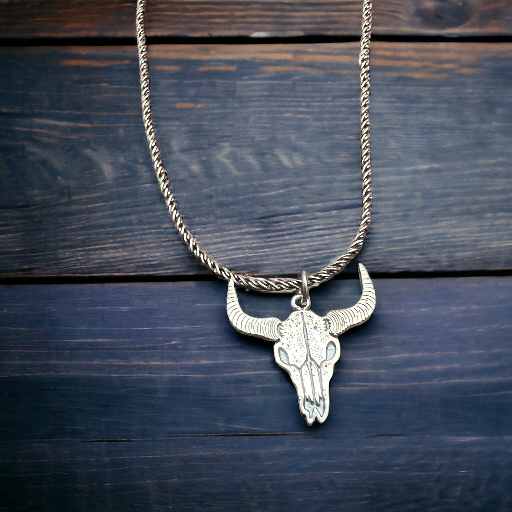Sterling Silver Cow Skull Flat Charm/Pendant — Etched Western Statement with Oxidized Depth