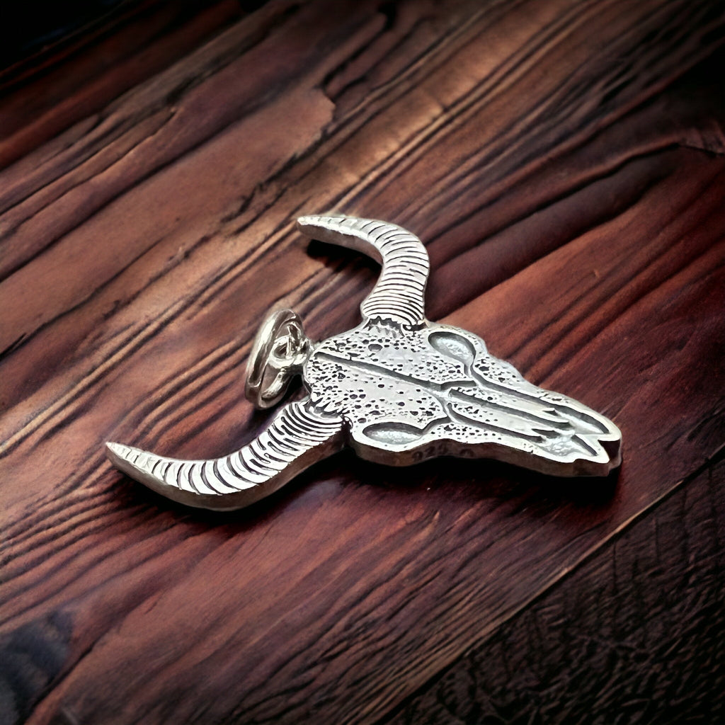 Sterling Silver Cow Skull Flat Charm/Pendant — Etched Western Statement with Oxidized Depth