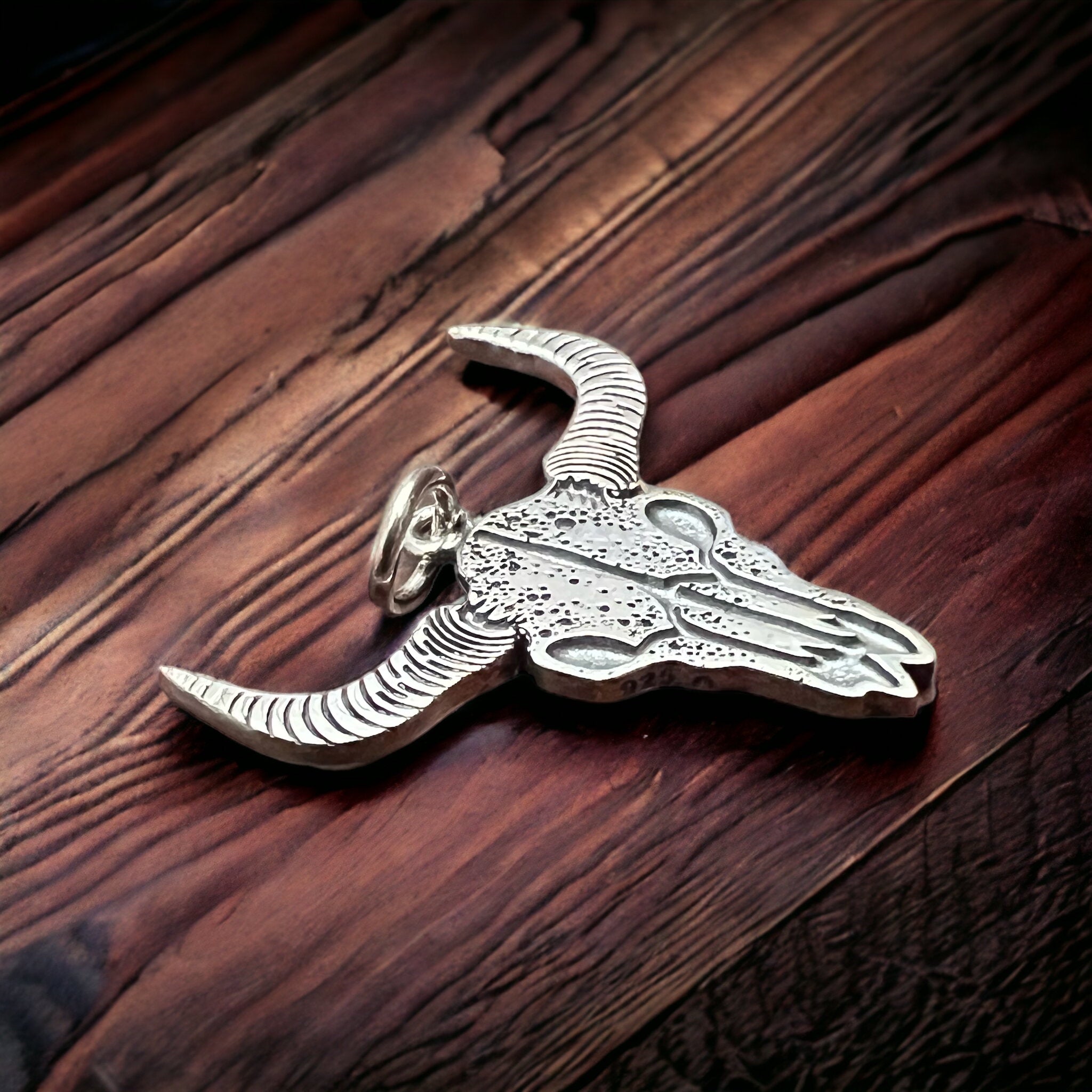 Sterling Silver Cow Skull Flat Charm/Pendant — Etched Western Statement with Oxidized Depth