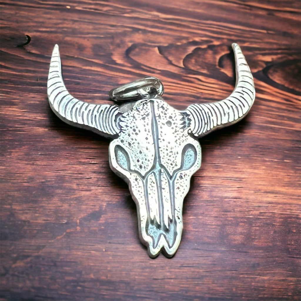 Sterling Silver Cow Skull Flat Charm/Pendant — Etched Western Statement with Oxidized Depth