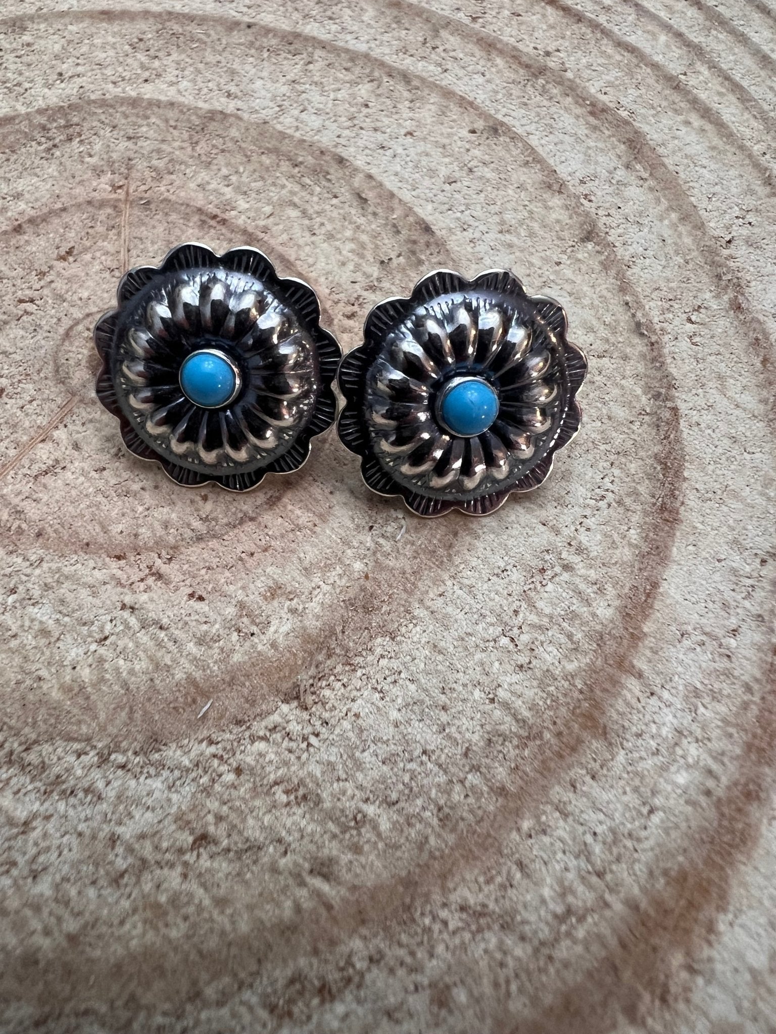 Sterling Silver Concho & Kingman Turquoise Post Earrings (Western Statement)