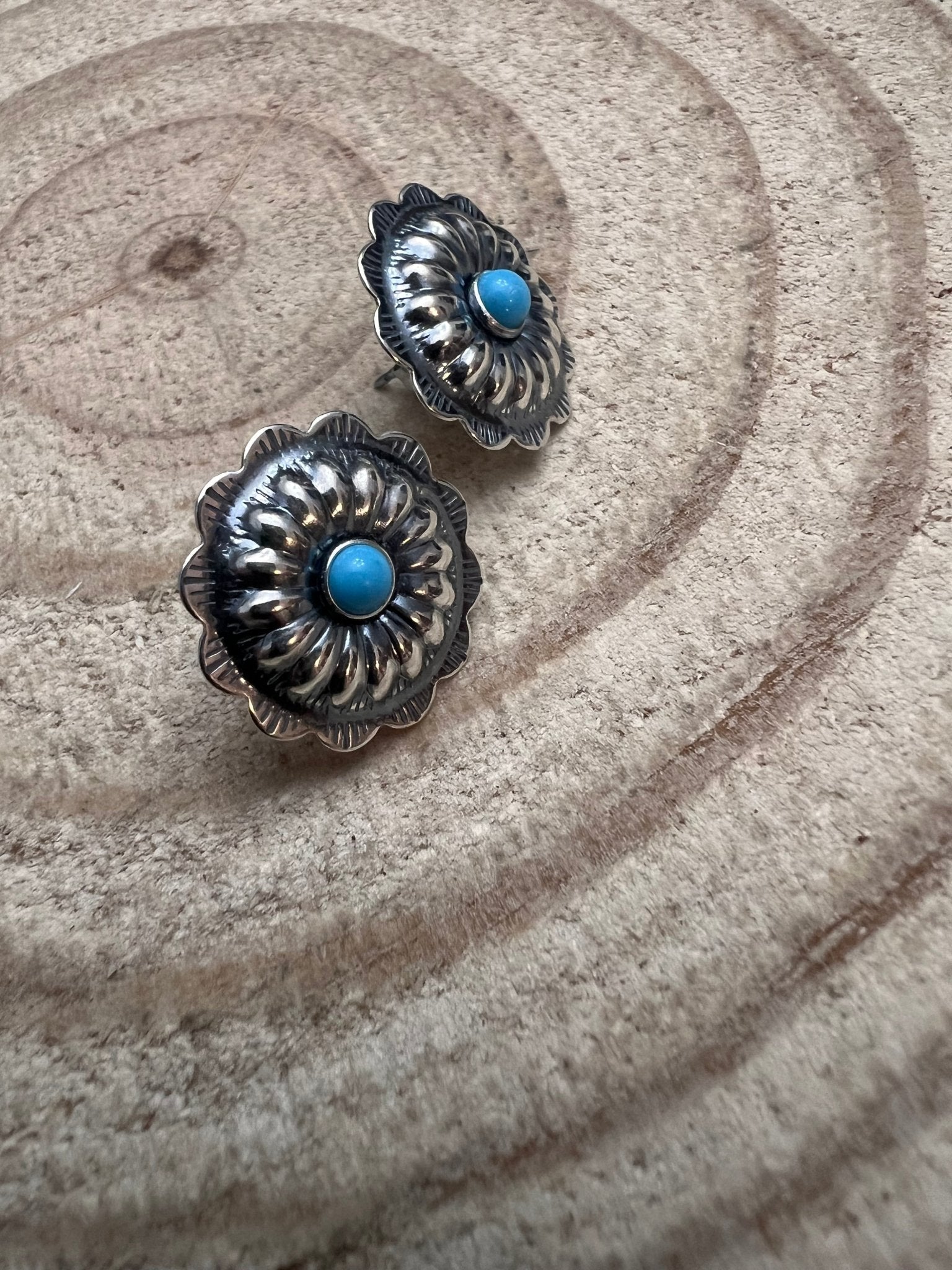 Sterling Silver Concho & Kingman Turquoise Post Earrings (Western Statement)