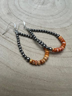 Sterling Pearl & Orange Spiny Oyster Teardrop Earrings — 2.5 inch drop (Made in USA)