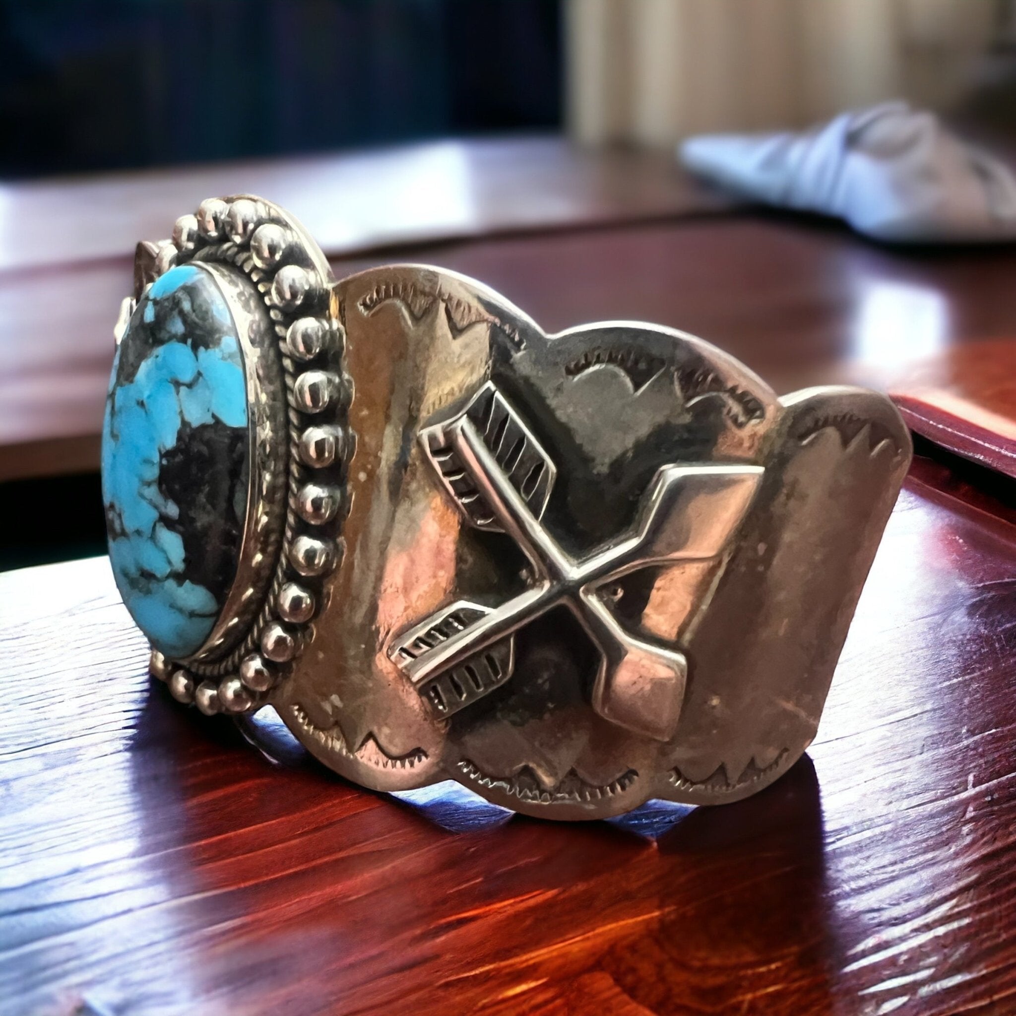 Dan Dodson Legacy Stamped Suncup Blue Kingman Turquoise Hand-Stamped Cuff — 1 1/2" Wide