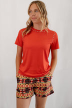 LUCKY & BLESSED Tan Aztec Printed Crease Detail Western Shorts — High-Waisted with Sharp Crease & Functional Pockets (4.5" Inseam)
